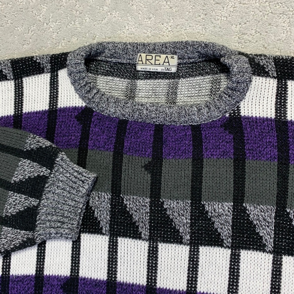 Vintage‎ AREA by Tag Sweater Mens XL Striped Geometric Knit Acrylic Purple Gray